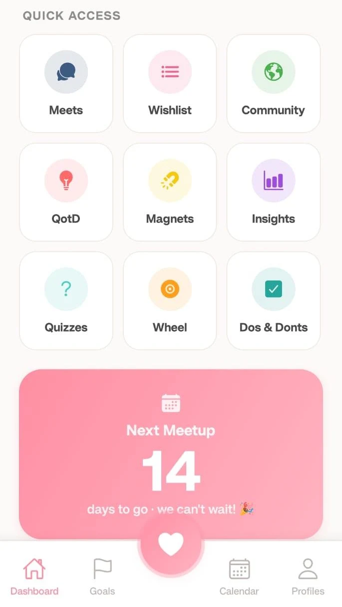 The Couple dashboard, showing quick access tiles and a countdown to the next meetup.