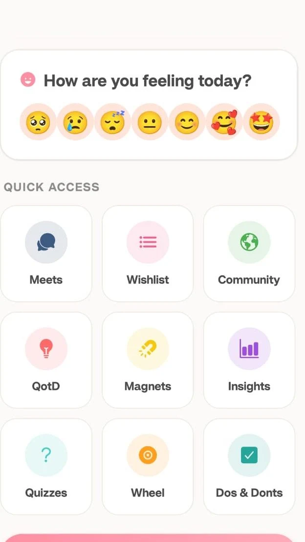Daily mood check-in with emoji, above a grid of quick access tiles.