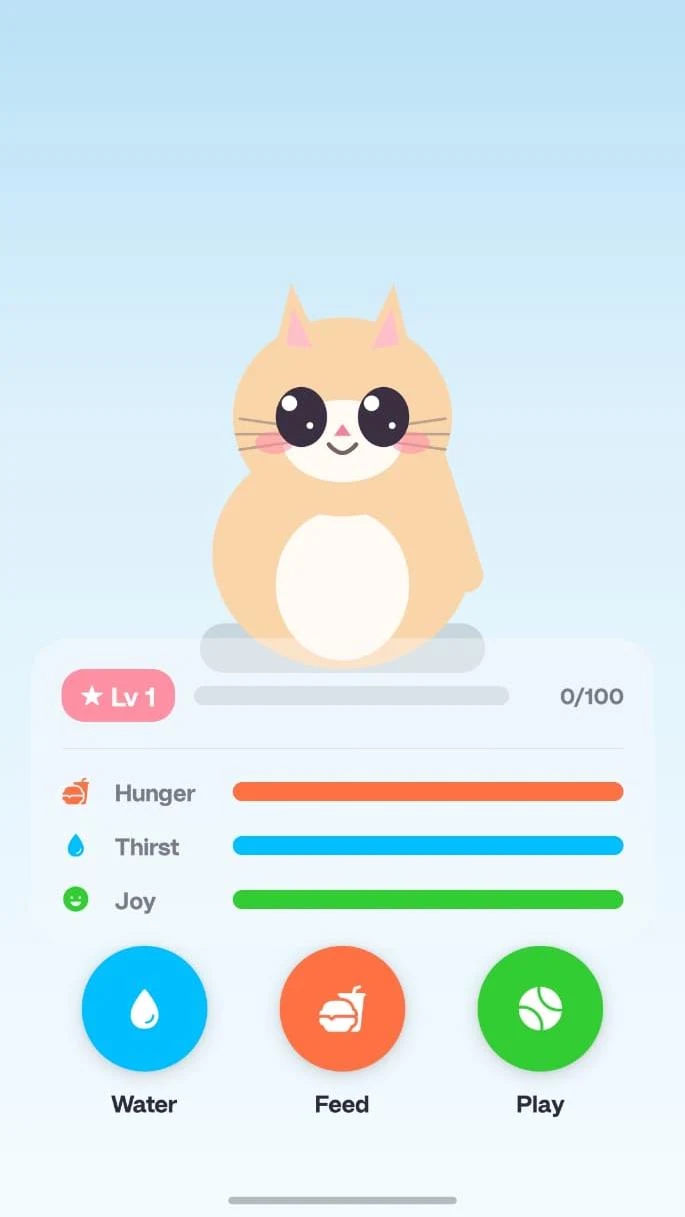 The shared pet screen, showing a cat with hunger, thirst and joy meters.