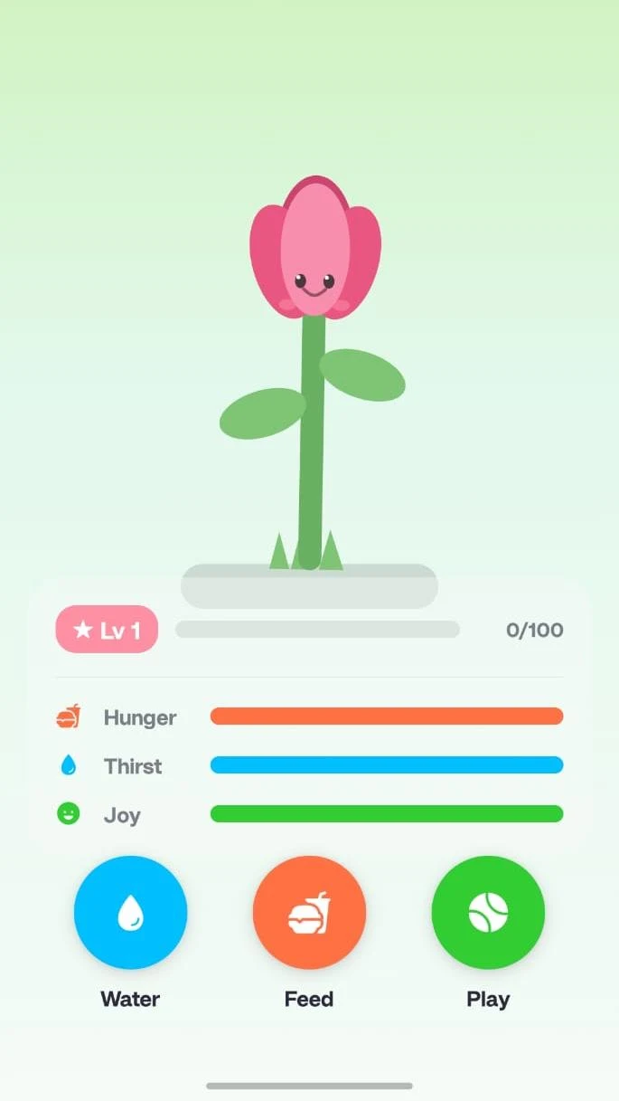 A cartoon tulip pet with the same care meters and action buttons.